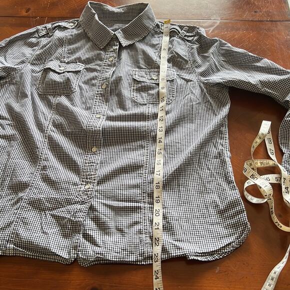 Navy Blue & White Gingham Check Blouse Woman Size Medium Preppy Button Up - Picture 8 of 8